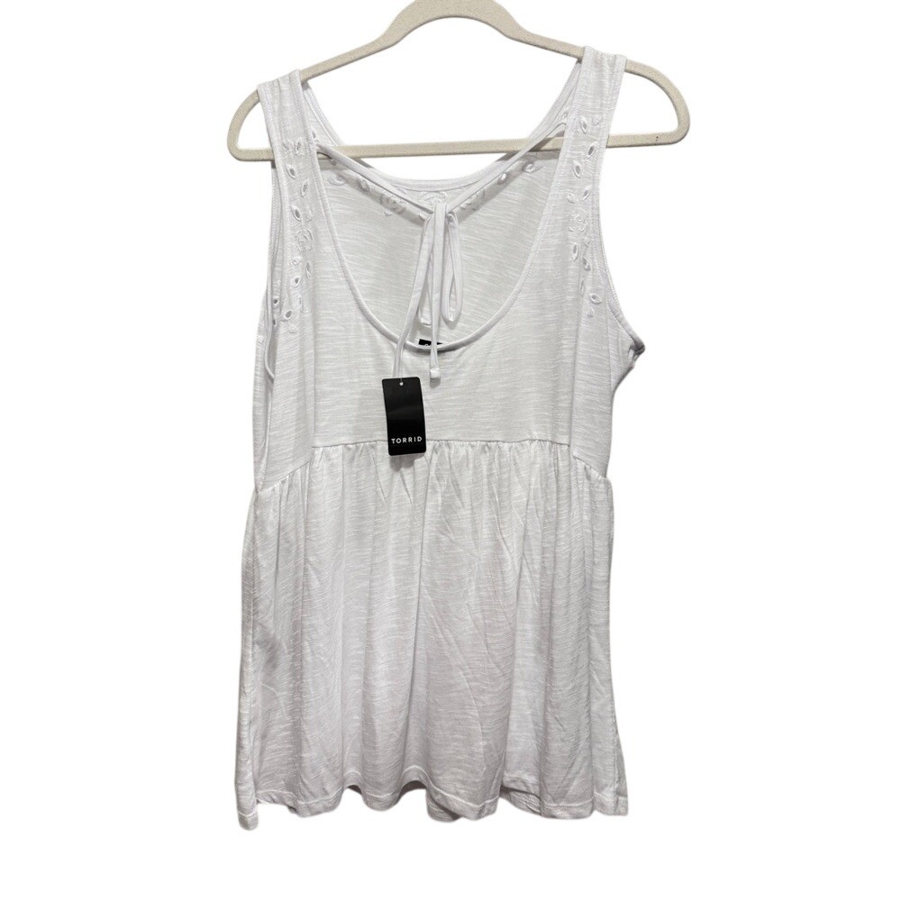 Torrid Babydoll Tank Slub Embroidered Tie Back Top Womens 1X 14-16 White Cottage